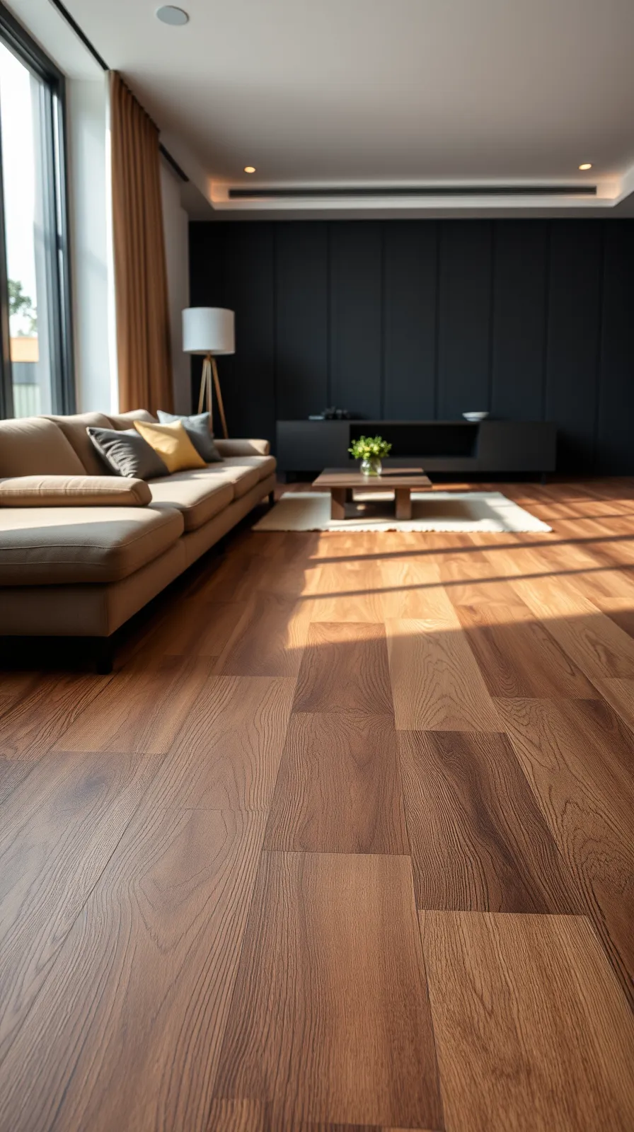 Світла вітальня з напільним покриттям під дерево